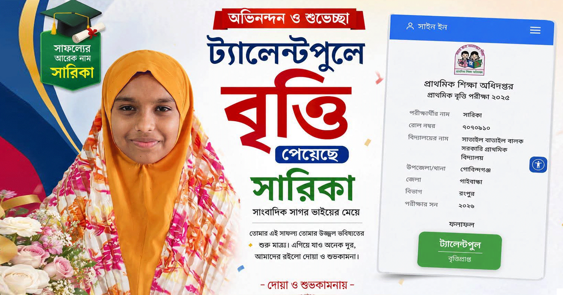 ট্যালেন্টপুলে বৃত্তি পেয়েছে সাংবাদিক সাগরের মেয়ে সারিকা